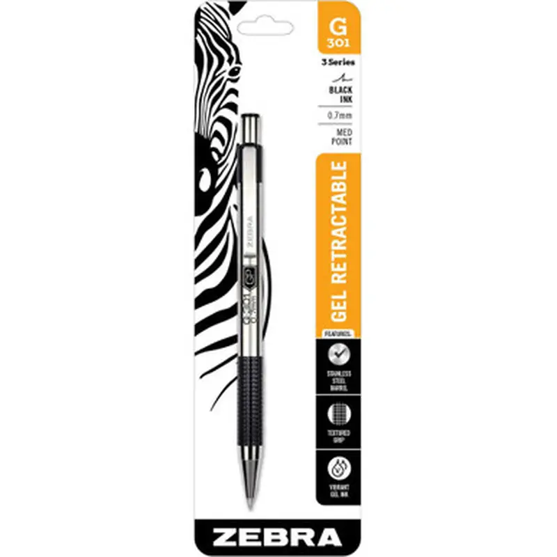 Zebra G301 Gel 41311, 0.7mm Medium Point, Black Gel Ink, Retractable Pen