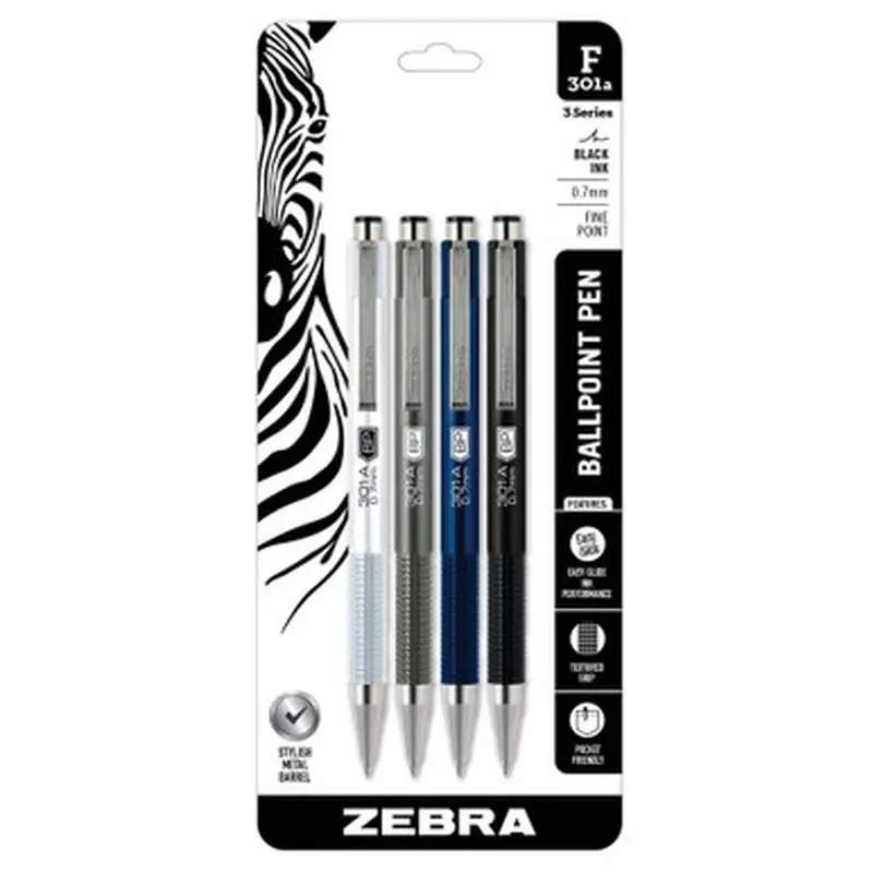 Zebra F-301A 0.7mm Fine 27514 Stylish Metal Barrel Retractable Ballpoint Pen, Black Ink, 4-Pack