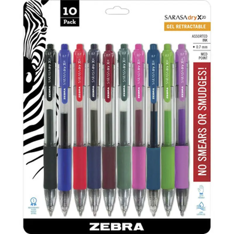 Zebra Sarasa dry X20 0.7 46881, Retractable Gel Ink Pens, 10 Color Set