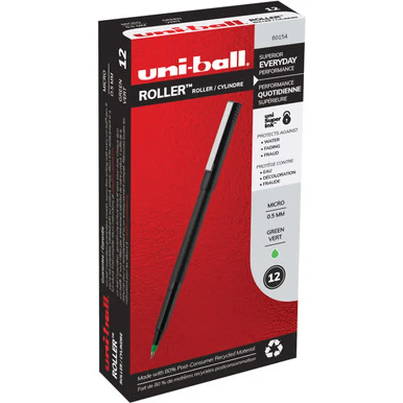 Uniball Roller 60154 Rollerball Pen, 0.5mm Micro Fine Point, Green Uni Super Ink