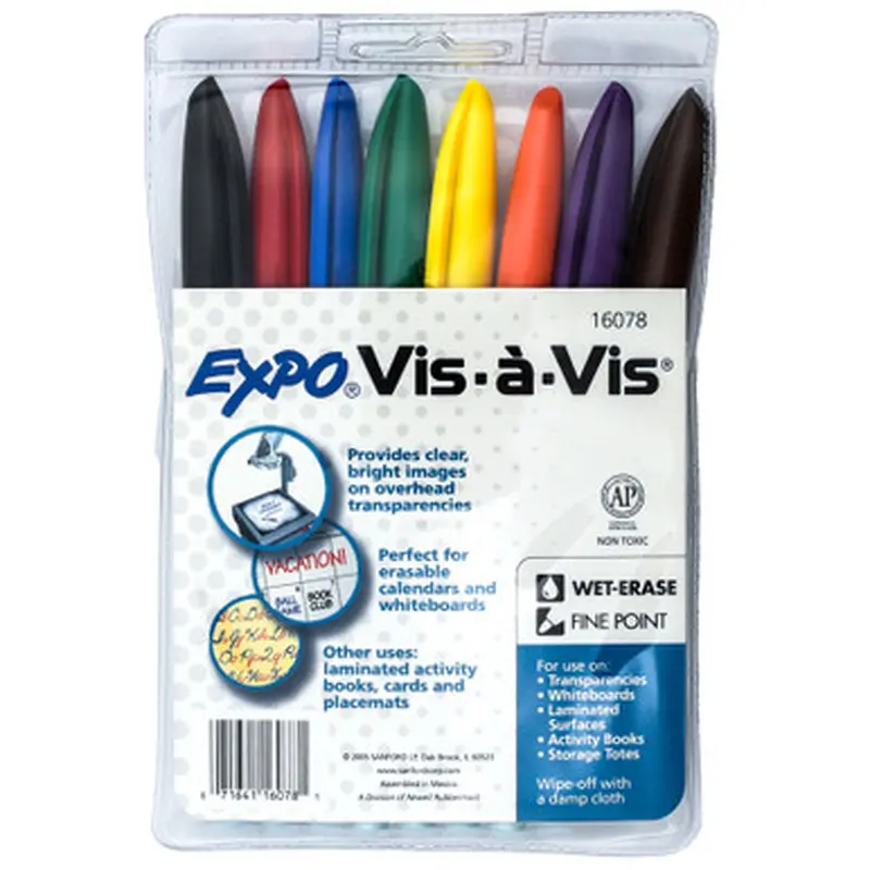 Expo Vis-a-Vis Wet Erase Markers, 8-Color Set 16078, Fine Point
