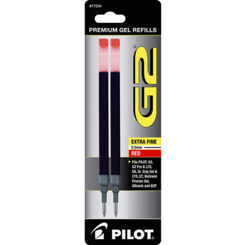 Pilot 77234 G2 Refills, 0.5mm Extra Fine, Red Gel Ink, Pack of 2