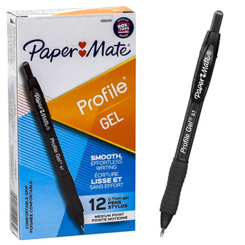 Paper Mate Profile Gel 0.7 Medium 2095476 Black Gel Ink Retractable Pen, Box of 12