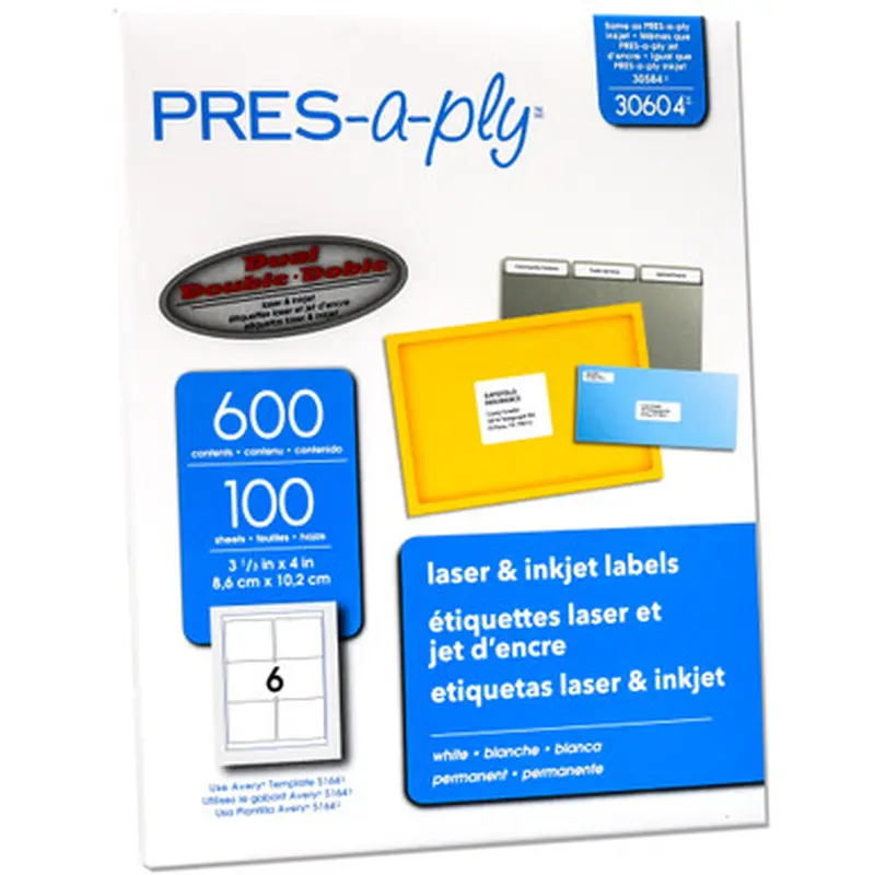 PRES-a-ply 30604 Laser &amp Inkjet Labels, 3-1/3 x 4&quot, Box of 600