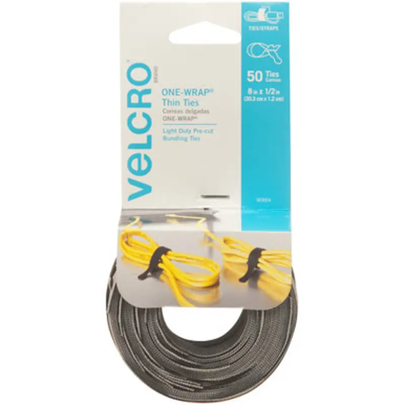VELCRO 90924 ONE-WRAP Thin Ties 8in x 1/2in Ties Gray &amp Black  50 ct