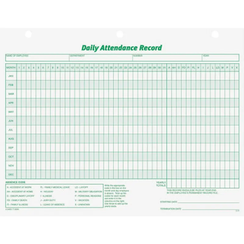 TOPS 3284 Daily Employee Attendance Record Form