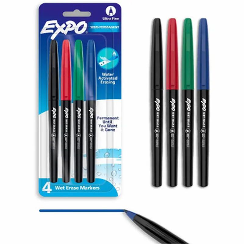 EXPO Vis-a-Vis Wet Erase Markers, 4-Color Set 2134341, Ultra Fine Point