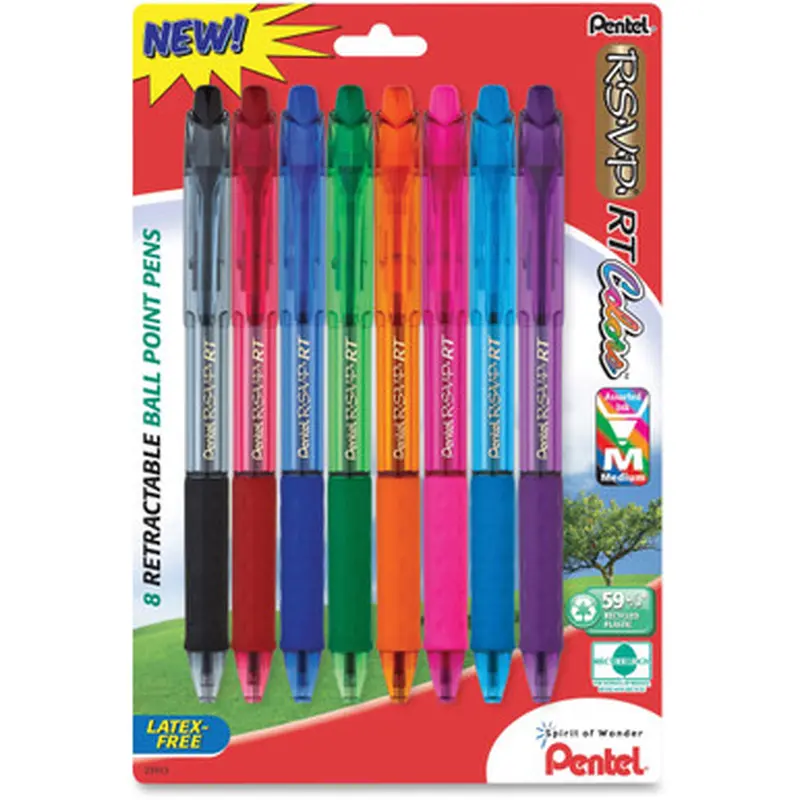 Pentel BK93CRBP8M Recycled Retractable R.S.V.P. Colors Pens