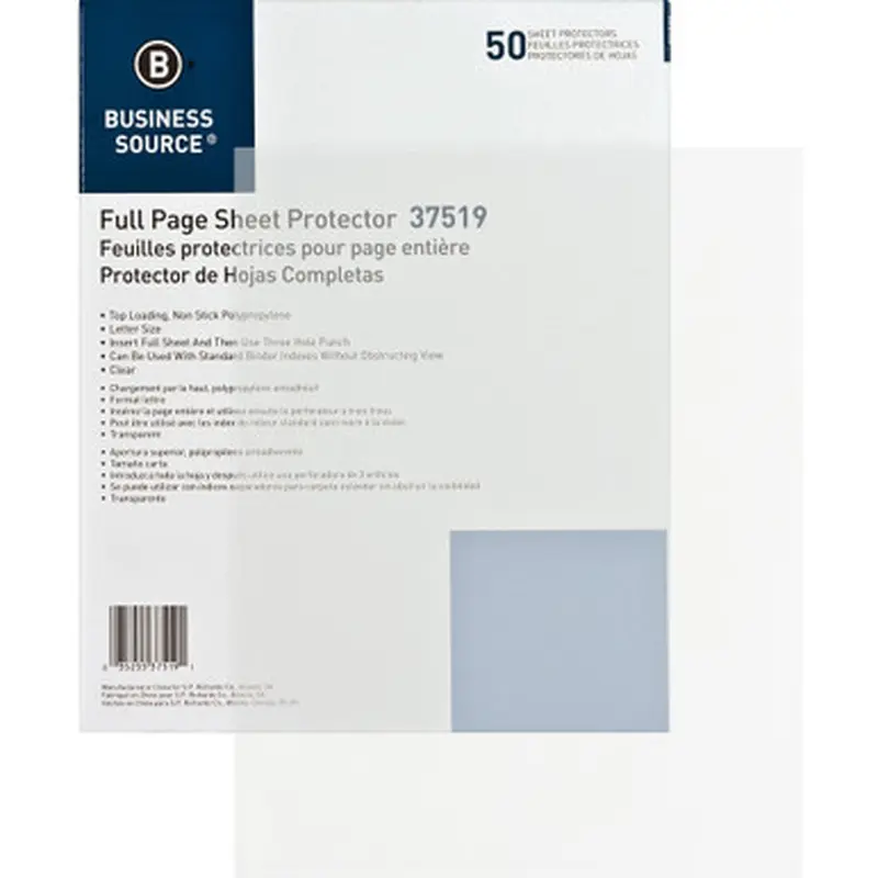 Business Source 37519 Full Sheet Top Load Poly Sheet Protectors