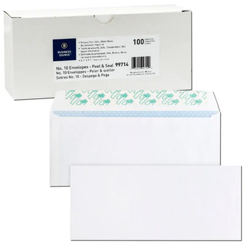 Business Source 99714 No. 10 Self-Seal White Security Envelopes, Box of 100