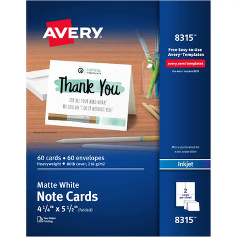 Avery 8315 Note Cards, Matte, Two-Sided Printing, 4-1/4&quot x 5-1/2&quot , 60 Cards/Envelopes(8315)
