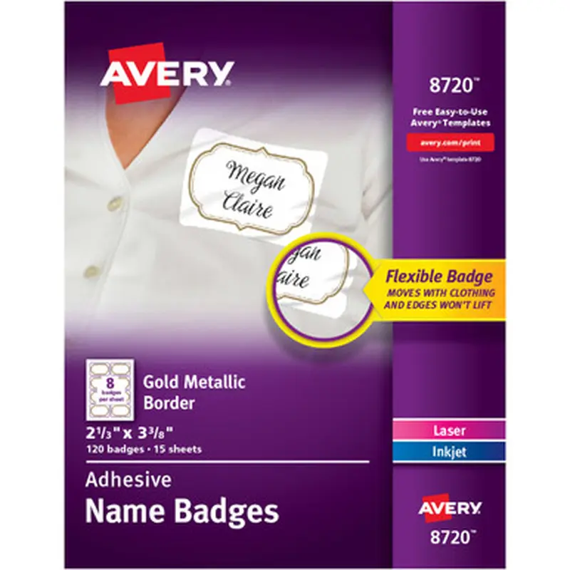 Avery 8720 Self-Adhesive Removable Name Tag Labels with Gold Metallic Border