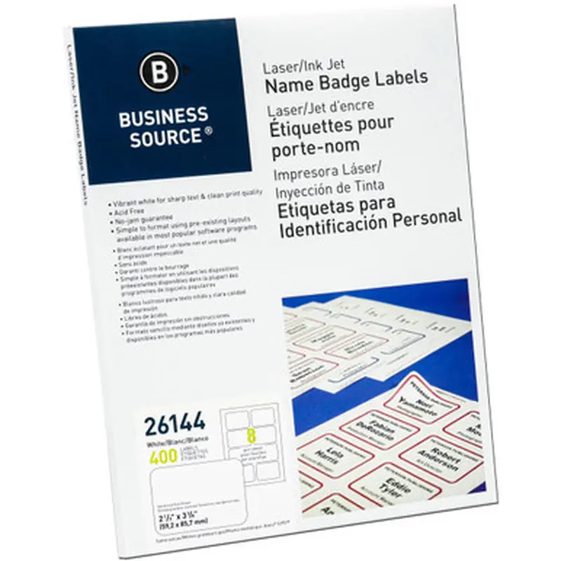Business Source 26144 Laser &amp Ink Jet Name Badge Labels, 2-1/3 x 3-3/8&quot, Box of 400