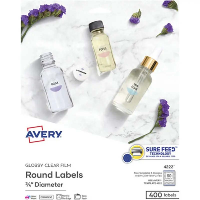 Avery 4222 Sure Feed Glossy Clear Round Labels