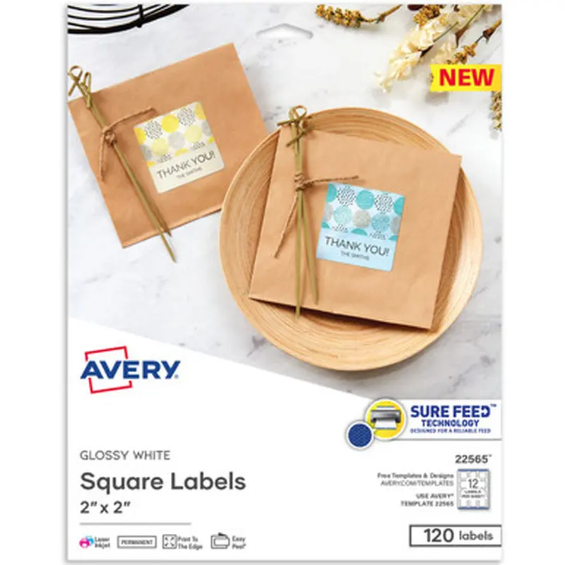 Avery 22565 Sure Feed Glossy White Square Labels