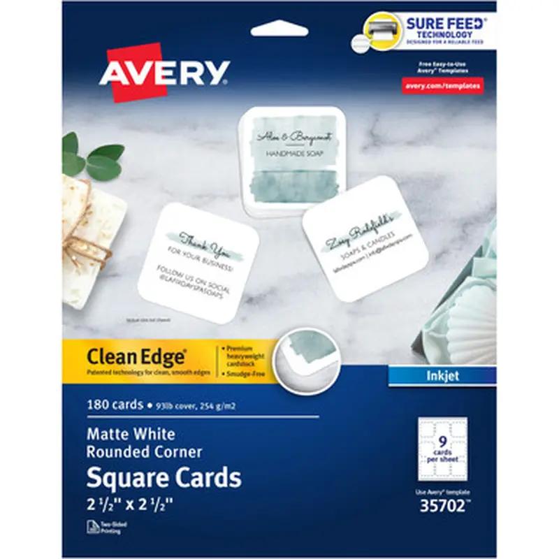 Avery 35702 Square Cards w/Rounded Edges 2.5&quotx2.5&quot , 93 lbs. 180 Inkjet Cards