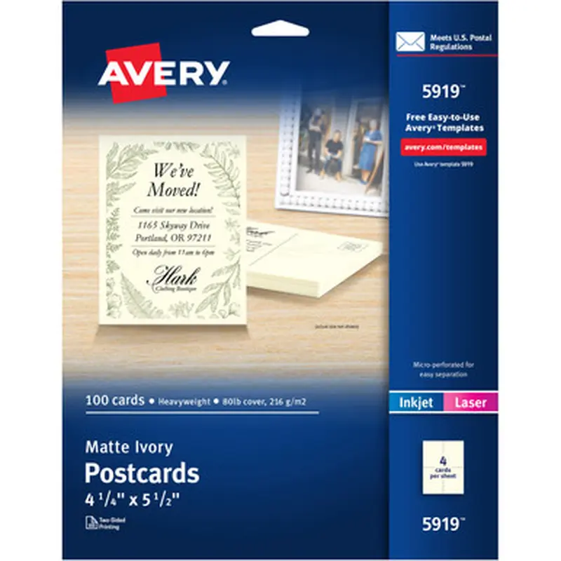 Avery 5919 Postcards, Ivory, Two-Sided, 4-1/4&quot x 5-1/2&quot , 100 Cards (5919)