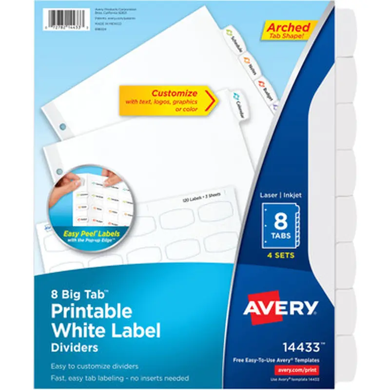Avery 14433 8 Big Tab Printable White Label Dividers, Pack of 4 Sets