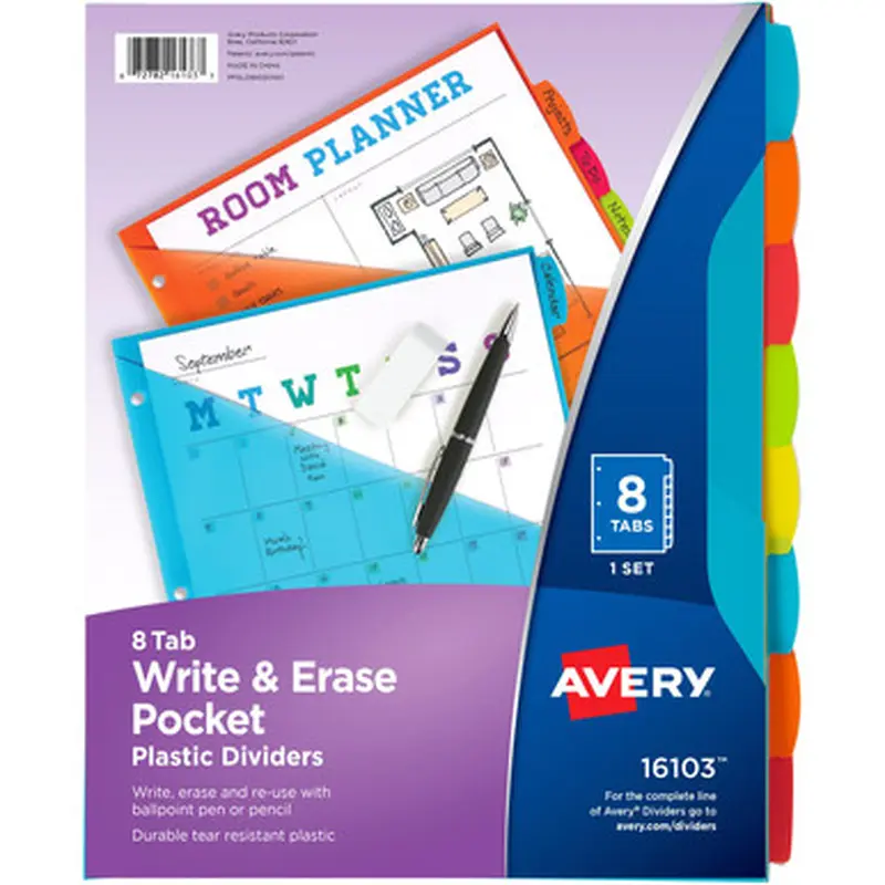 Avery 16-103 Write &amp Erase 8-Tab Plastic Dividers, Pockets, Brights (16103)