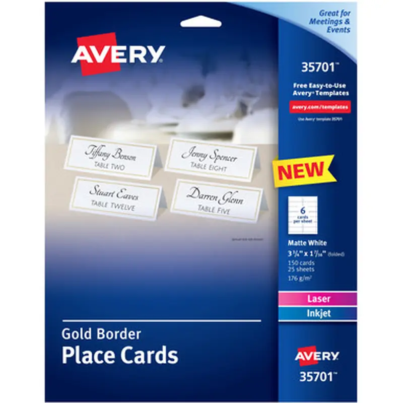 Avery 35701 Place Cards With Gold Border 1-7/16&quot x 3-3/4&quot , 65 lbs. 150 Cards