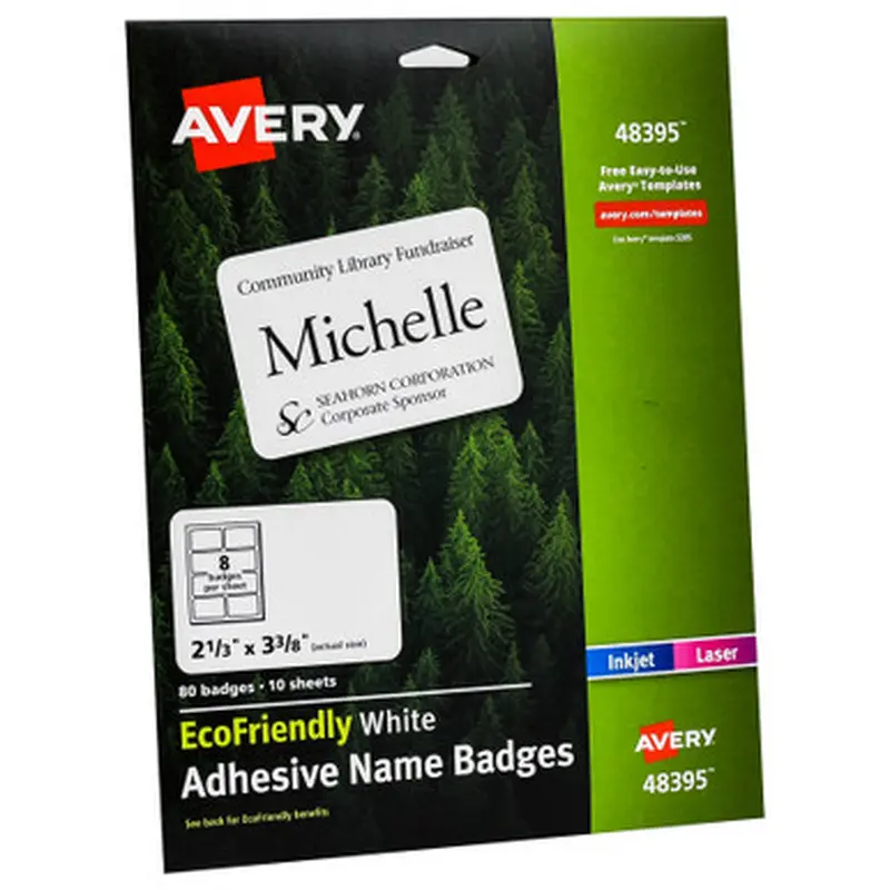 Avery 48395 EcoFriendly White Adhesive Name Badges, Pack of 80