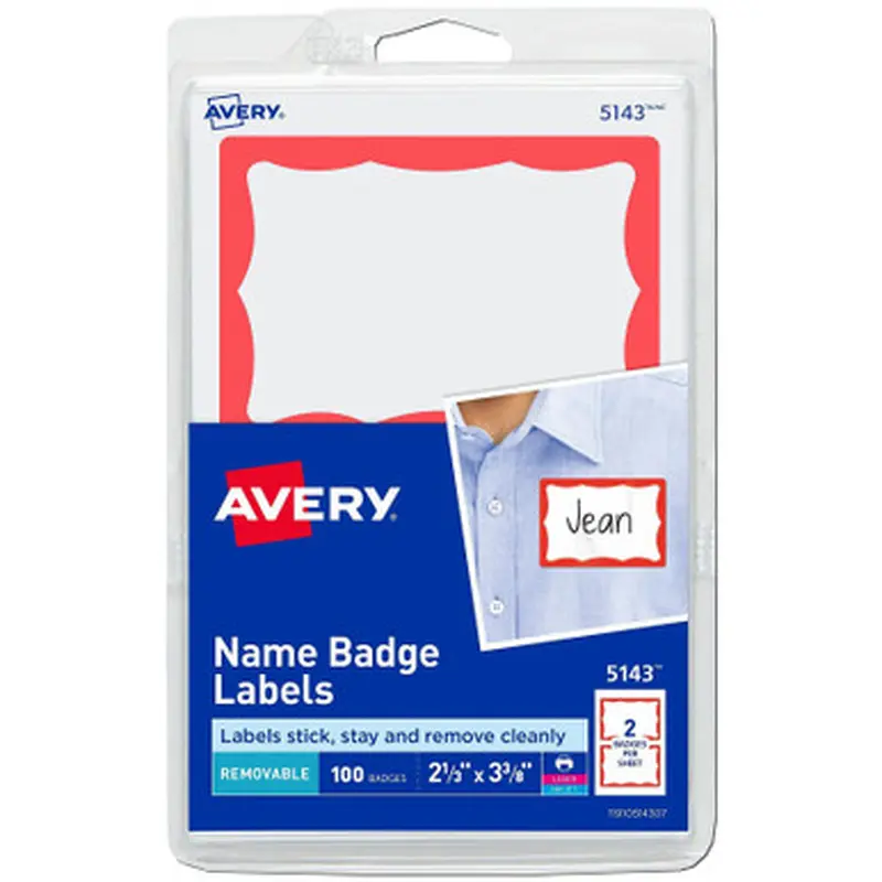 Avery 5143 Name Badge Labels, Red Border, 2-1/3 x 3-3/8&quot, Pack of 100