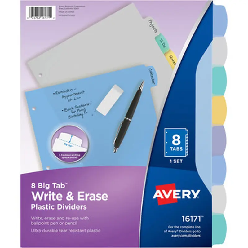 Avery 16171 Big Tab Write &amp Erase Durable Plastic Dividers, 8 Multicolor Tabs, 1 Set