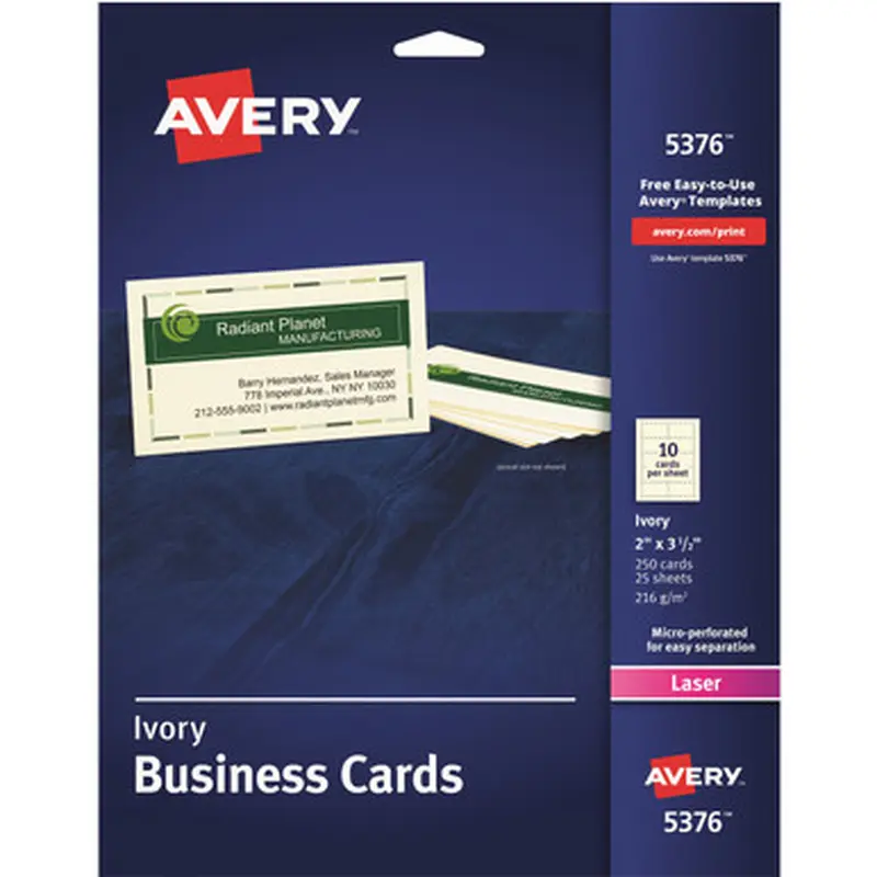 Avery 5376 2&quot x 3.5&quot Ivory Business Cards, Sure Feed? Technology, Laser, 250 Cards (5376)