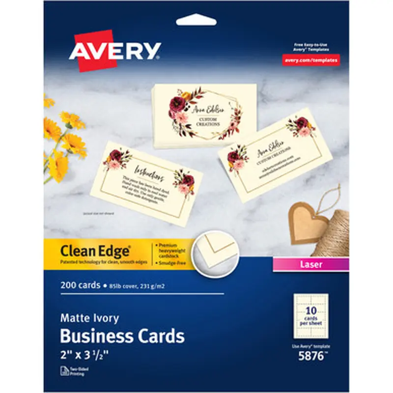 Avery 5876 Business Cards, Ivory, True Print(R) Two-Sided Printing, 2&quot x 3-1/2&quot , 200 Cards