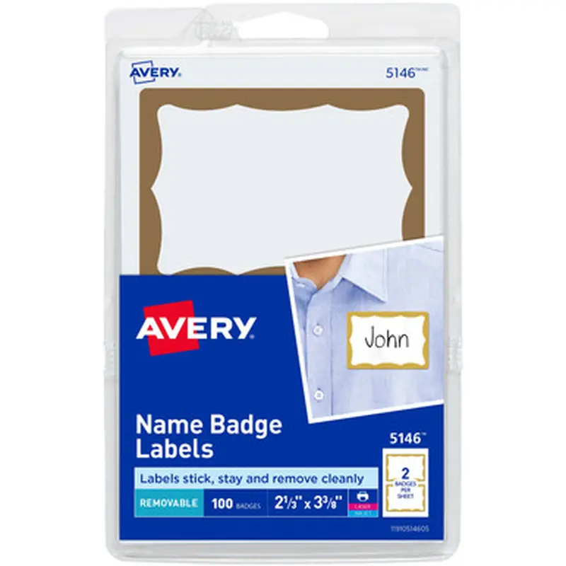 Avery 5146 Name Badge Labels with Gold Border, Pack of 100