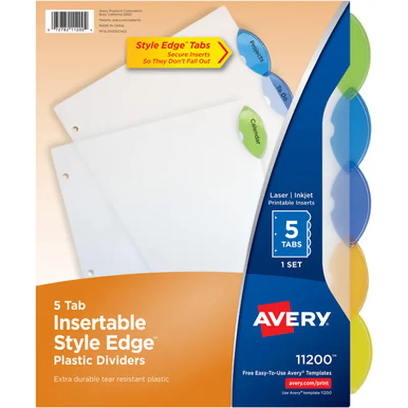 Avery 11200 Plastic Binder Dividers, Insertable Multicolor Style Edge 5-tabs