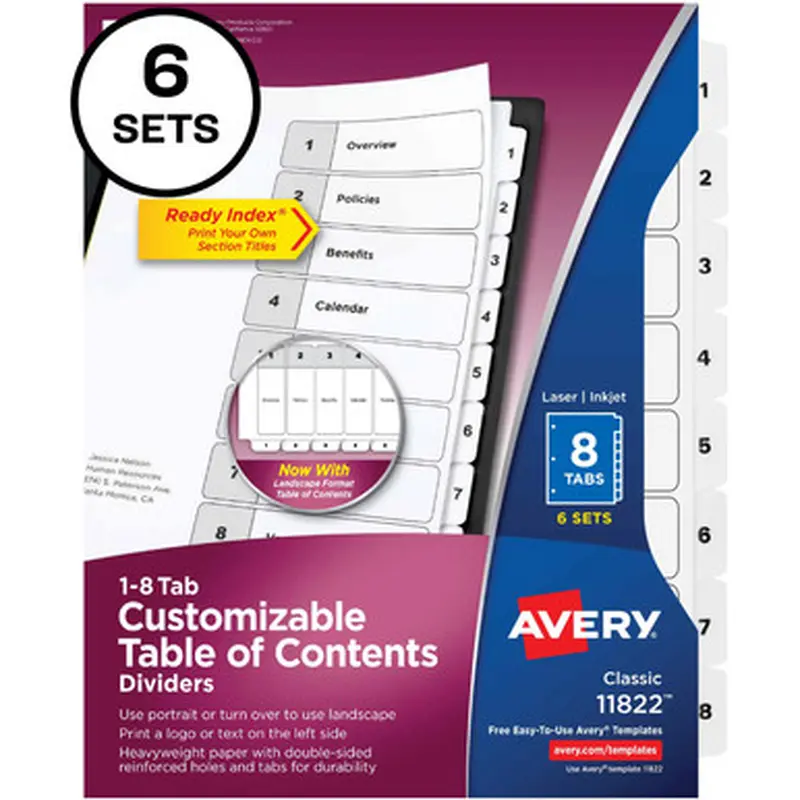 Avery 11822 8-tab Custom Table of Contents Dividers