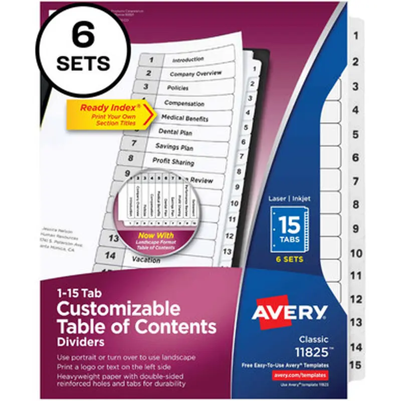 Avery 11825 15-tab Custom Table of Contents Dividers