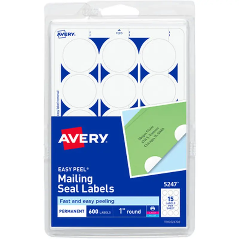 Avery 5247 Mailing Seals, Permanent, 1&quot Diameter, 600 Labels (5247)