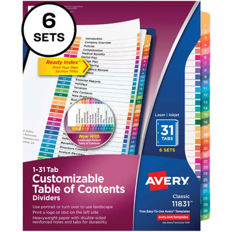 Avery 11831 Ready Index 31 Tab Dividers, Customizable TOC, 6 Sets