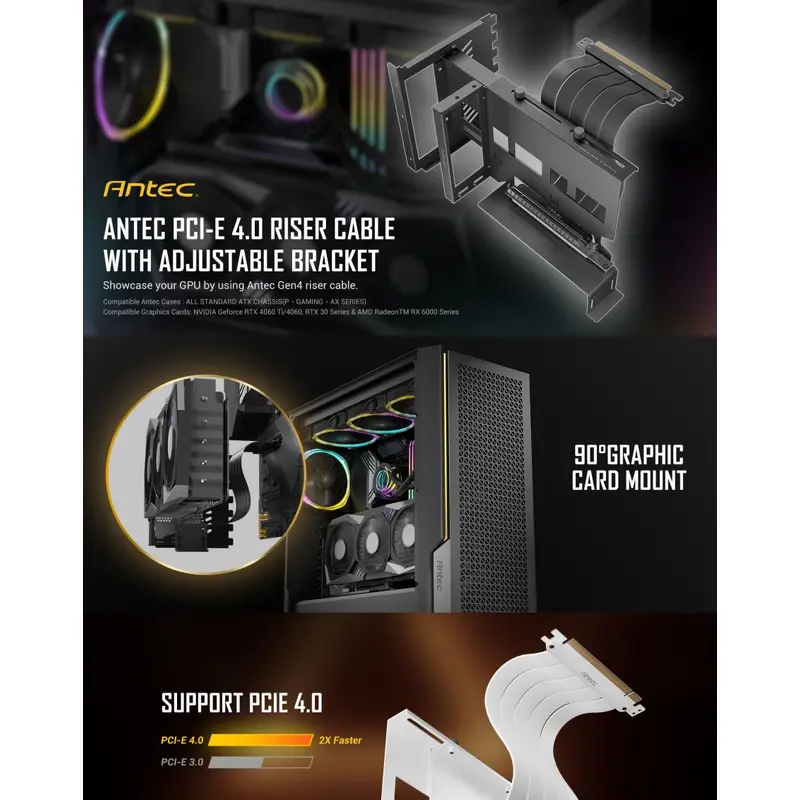 Antec Adjustable Vertical PCI Bracket and PCI-E 4.0 Cable Kit (200mm) White. Universal. Premium Gold Plated   RTX 4050 / 4060 / 4070 and AMD 6000