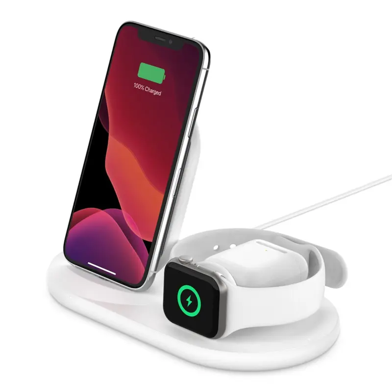 Belkin BoostCharge 3-in-1 Wireless Charger for Apple Devices 7.5W - White (WIZ001auWH), Non-Slippery Triple Charging Pad, 2 Years Warranty