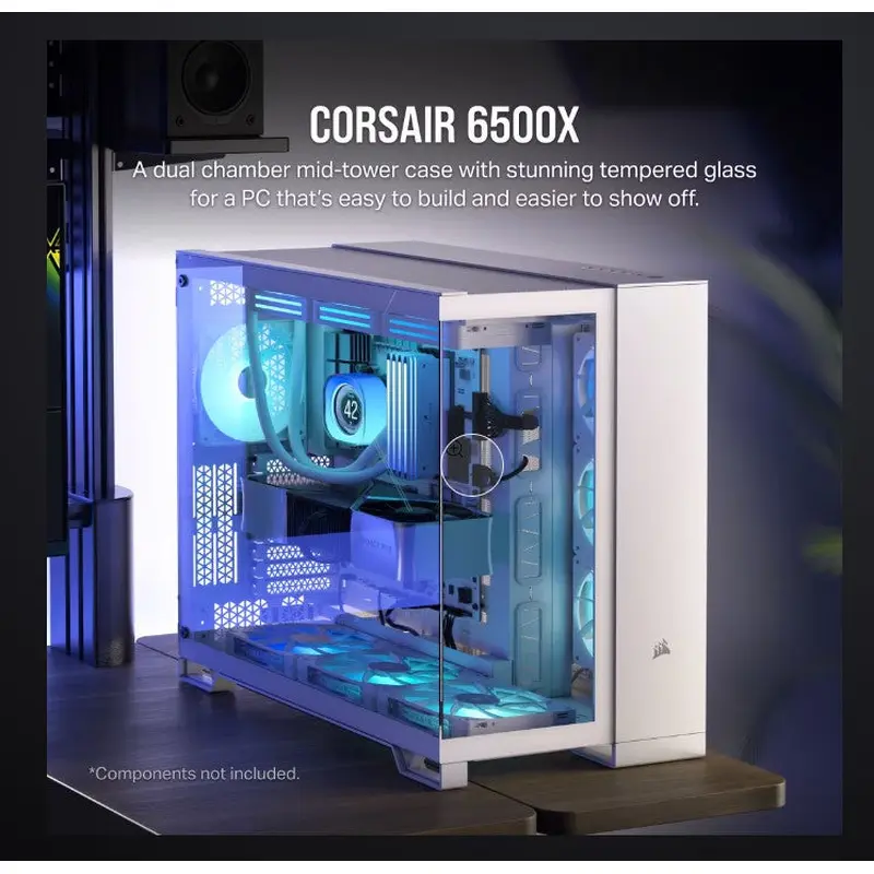 Corsair 6500X Tempered Glass ATX Mid-Tower, Dual Chamber, Cable Management, White Case