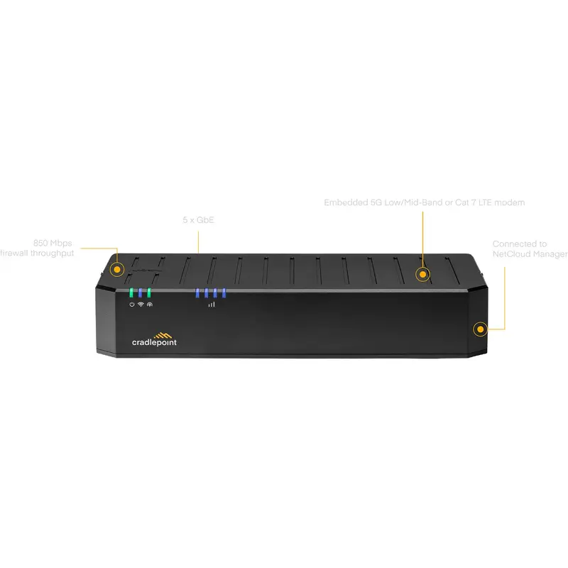 Cradlepoint E100 Enterprise Branch Router, 5G, Firewall, 4x SMA connectors 5x GbE Ethernet Ports, Dual Band Wi-Fi 5, 3-Year NetCloud Essentials Plan