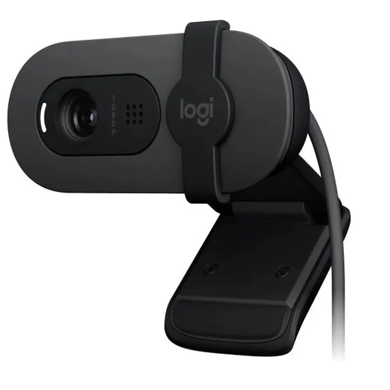 Logitech Brio100 Full HD 1080p webcam with auto-light balance, integrated privacy shutter, and built-in mic