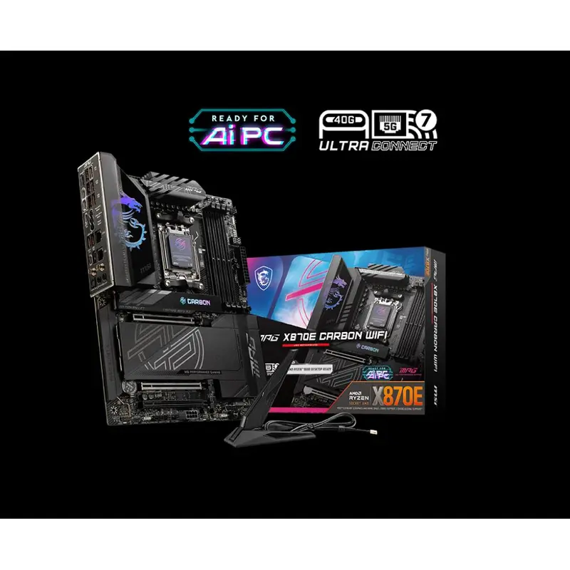 MSI MPG X870E CARBON WIFI, AMD AM5 ATX Motherboard 4x DDR5~256GB, 3x PCIe x16, 4x M.2, 9x USB 3.2, 4x USB-C
