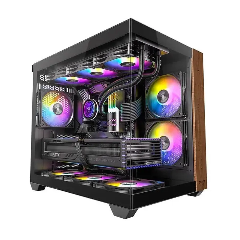OKINOS M6 ARGB ATX Genuine Walnut Wood, Panoramic View, Type-C, 4 x120mm ARGB & PWM Fans included,Tempered Glass Side Panel, Black,  Case