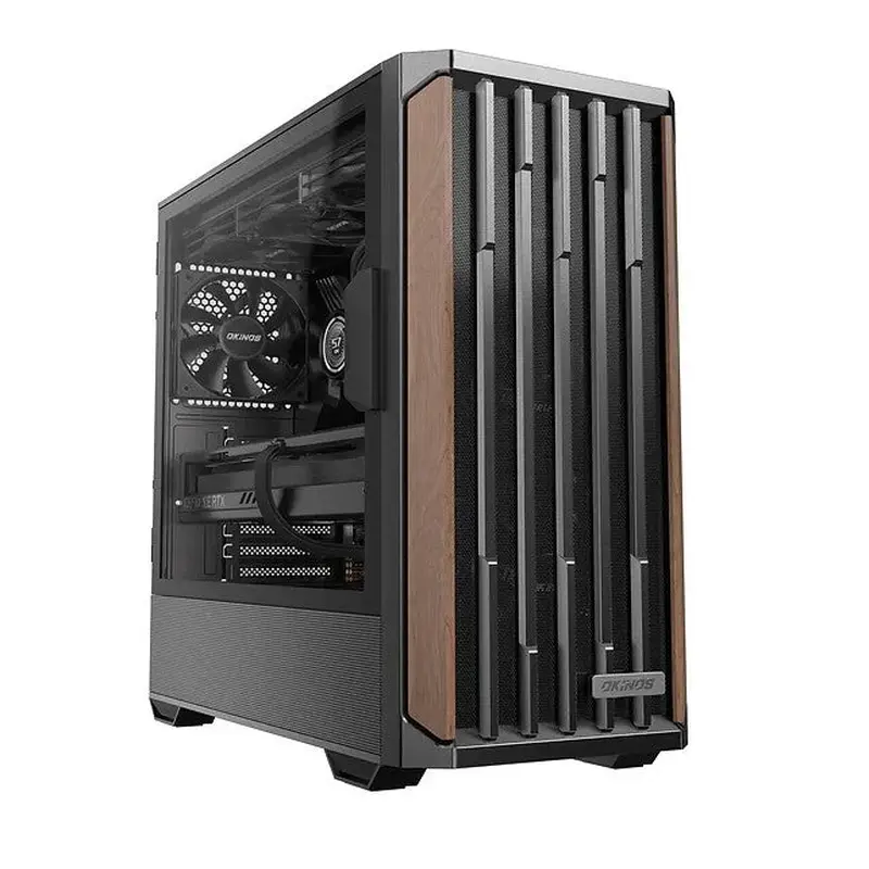 OKINOS Cypress P7 Genuine Walnut Wood Trim ATX, Type-C, Support 360mm Radiator on Top, 4 x 120mm PWM Fans, Black Stylish Premium Case