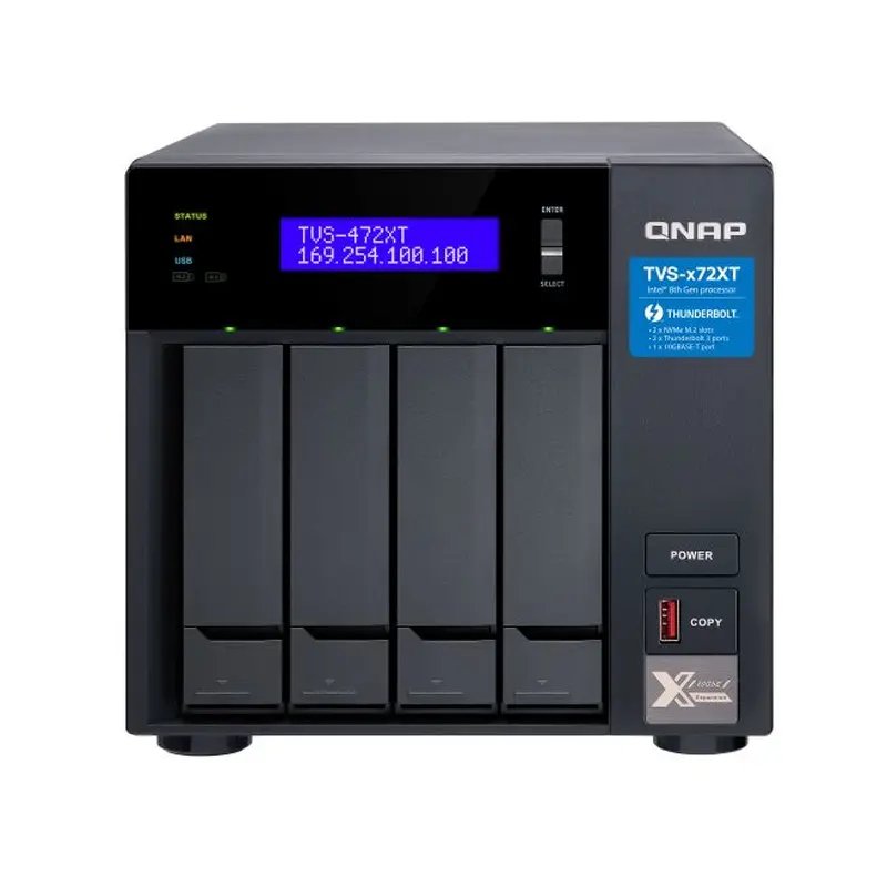 QNAP TVS-472XT-PT-4G 4 Bay NAS Intel Pentium G5400T 2-core 3.1 GHz 4GB DDR4 Hot-swappable 2 xPCIe 2xGbE 1x10GBASE-T 2xThunderbolt 1xUSB3.2 2 yrs wty