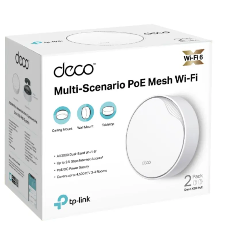 TP-Link Deco X50-PoE(2-pack) AX3000 Whole Home Mesh WiFi 6 System with PoE,  574 Mbps at 2.4 GHz   2402 Mbps at 5 GHz