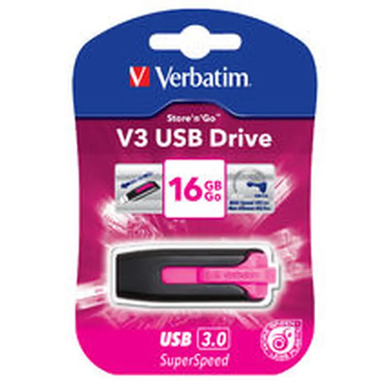 Verbatim 16GB V3 USB3.0 Pink Store'n'Go V3; Rectractable USB Storage Drive Memory Stick