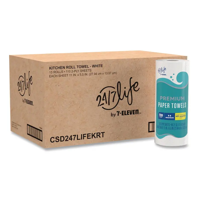 24/7 LIFE by 7-ELEVEN Premium Kitchen Roll Towels, 2-Ply, 11 x 5.5, White, 110 Sheets/Roll, 15 Rolls/Carton (CSD247LIFEKRT) Case of 15