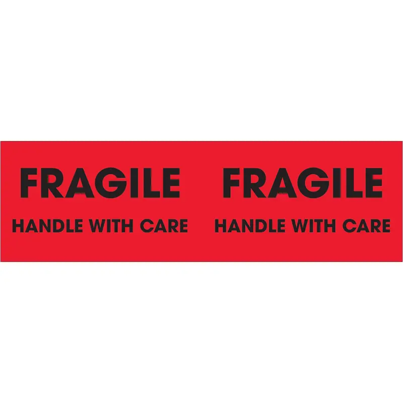 3 x 10" - "Fragile - Handle With Care" (Fluorescent Red) Labels (DL3131) Roll Of 500