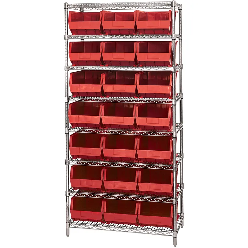 36 x 18 x 74" - 8 Shelf Wire Shelving Unit with (21) Red Bins (WSBQ225R) Each