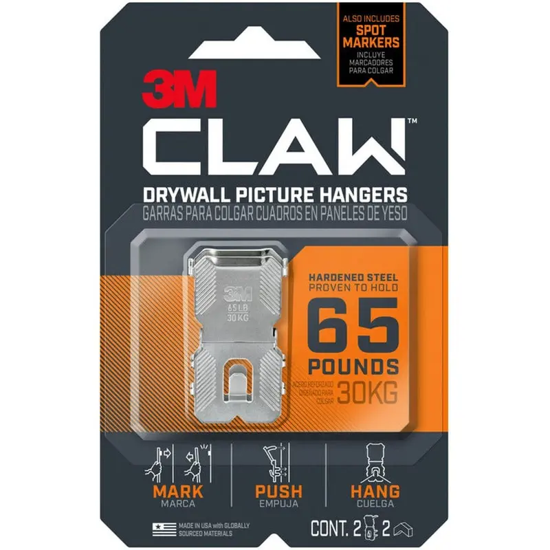 3M CLAW Drywall Picture Hanger - 65 lb (29.48 kg) Capacity - 2", for Pictures, Project, Mirror, Frame, Home, Decoration - Steel - Gray - 2 / Pack (MMM3PH65M2ES) Pack of 2